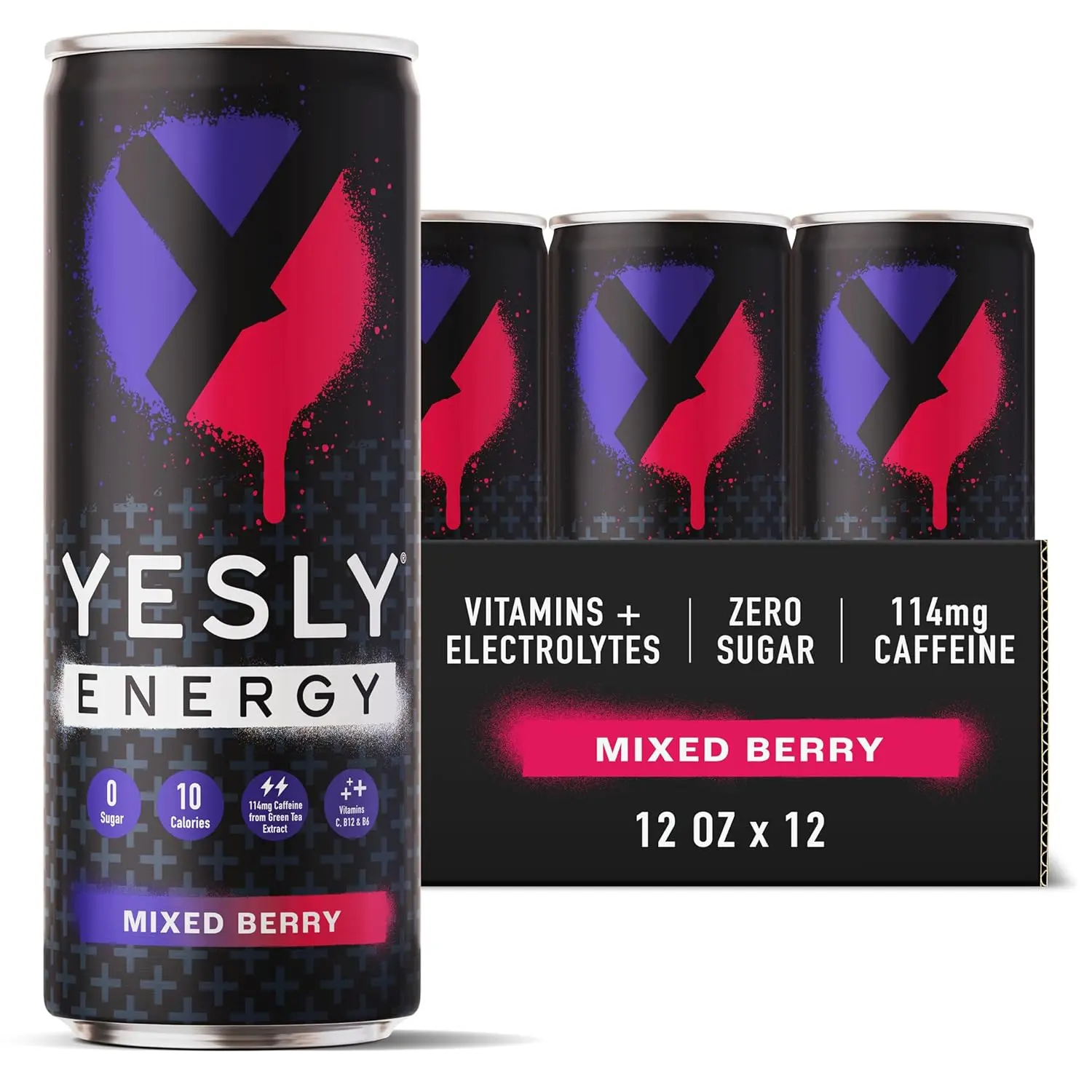 Yesly Energy Drink - Mixed Berry - Naturally Flavored Sparkling Energy Drink With Electrolytes, Magnesium, Potassium, Vitamin C, B6 & B12, Natural Caffeine From Green Tea - 12 Fl Oz Cans - 12 Pack