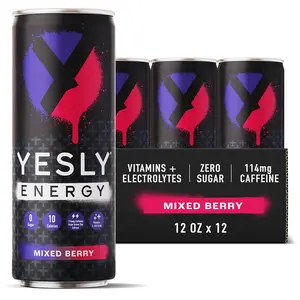 Yesly Energy Drink - Mixed Berry - Naturally Flavored Sparkling Energy Drink With Electrolytes, Magnesium, Potassium, Vitamin C, B6 & B12, Natural Caffeine From Green Tea - 12 Fl Oz Cans - 12 Pack