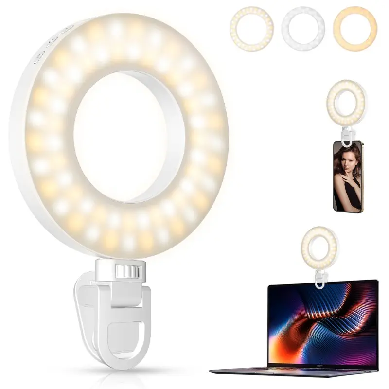 Rechargeable Clip-On Ring Light, 60 LED Selfie Ring Light for Phone, Laptop, Tablet, 3 Models, 4 Brightness Levels, Ideal for Photography, Selfie Accessories
