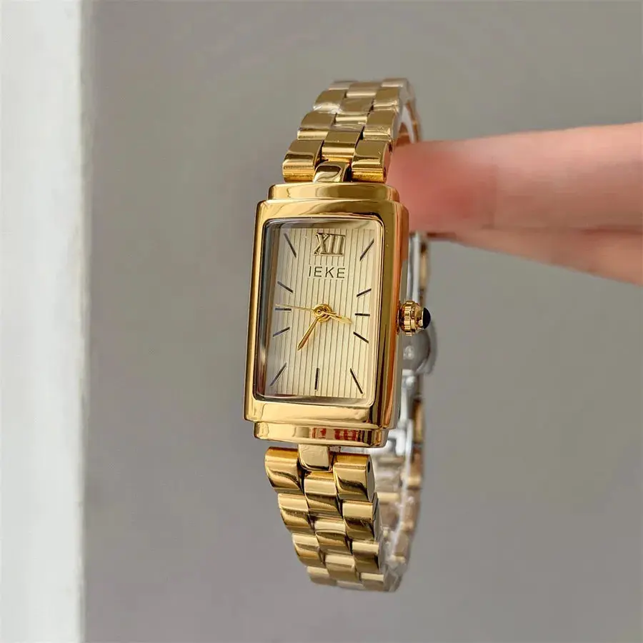 Women's Quartz Watch with Stainless Steel Strap and Pin Buckle, Rectangle Dial Featuring Ordinary Glass Mirror and Pointer Display