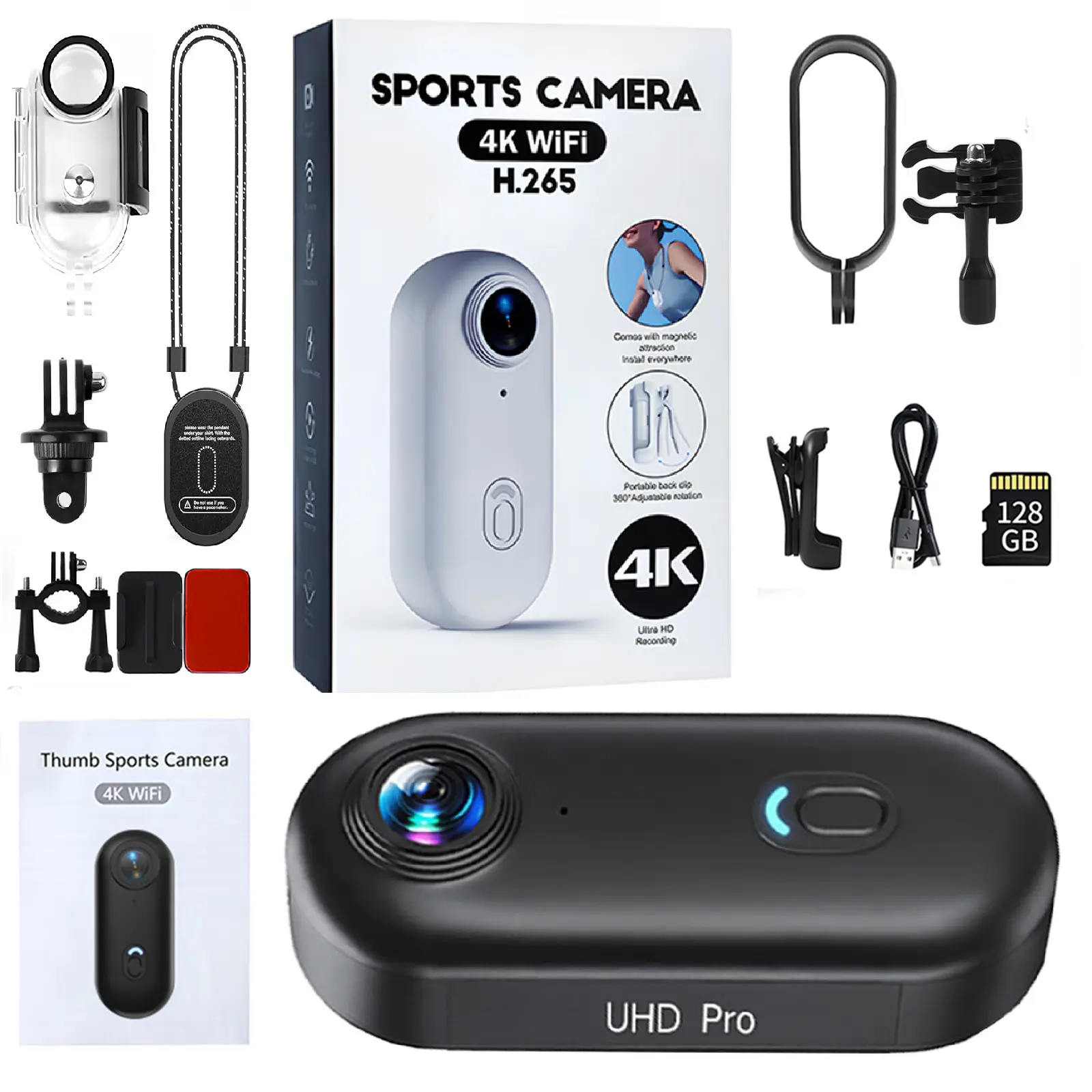 128GB 4K Thumb Action Camera, Ultra-Compact 4K Ultra HD Sports Cam, IPX7 Waterproof, Magnetic POV, Hands-Free, Portable Body Cam for Bike Cycling & Vlogging