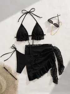 Women's Sexy Summer Beach Set, Sleeveless Tie-Back Self Tie Bikini Three-Piece Suit, Elegant Plain Triangle Swimsuit for All Seasons, Bikini Skirt Set