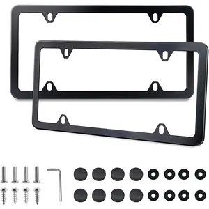 License Plate Holders Stainless Steel, Universal US Car License Plate Covers with Screws Washers Caps (4 Holes)