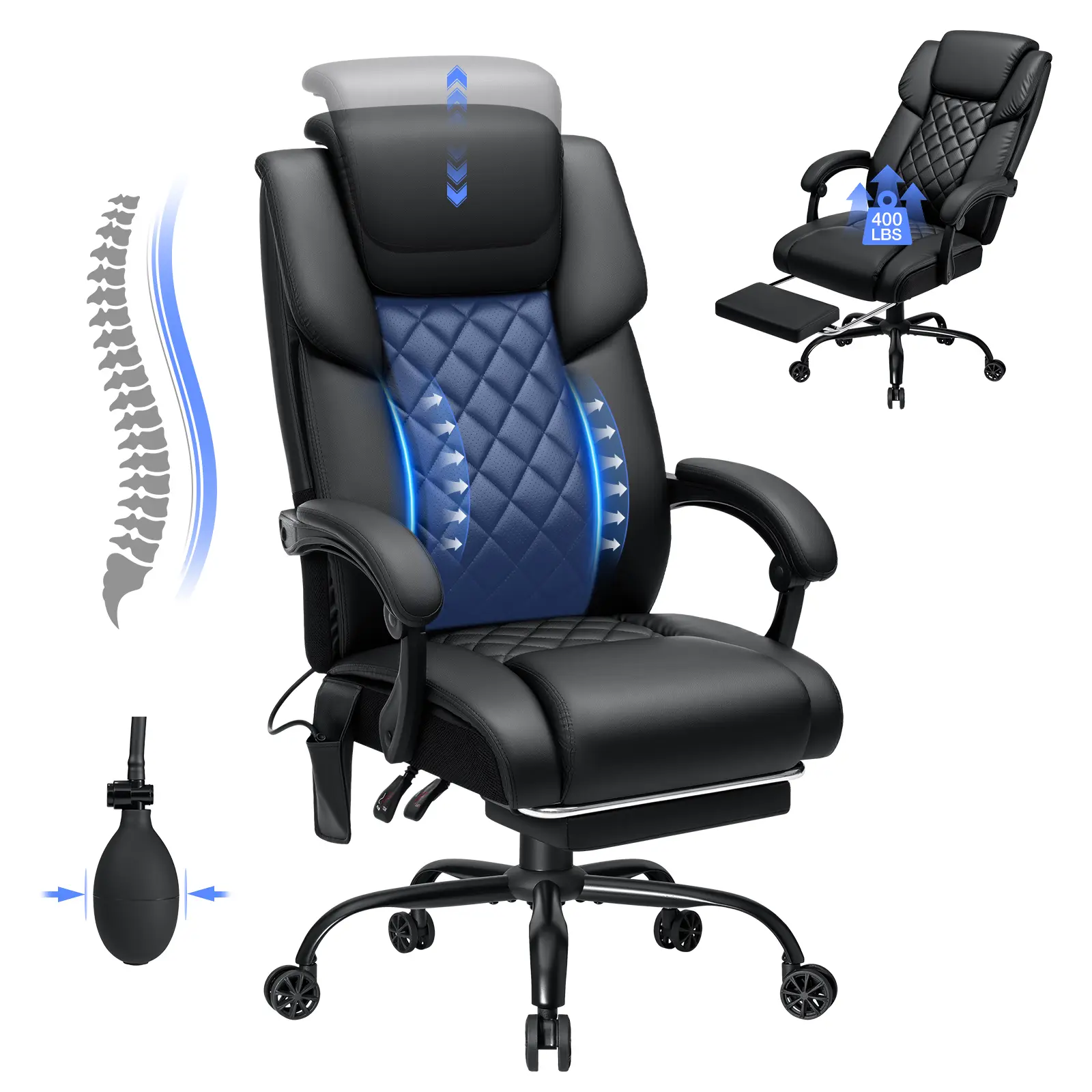 HOFFREE Reclining Office Chair with Lumbar Support and Adjustable Headrest 400lbs Executive Office Chair with Foot Rest PU Leather Ergonomic Desk Chair,Linkage Armrests,Black