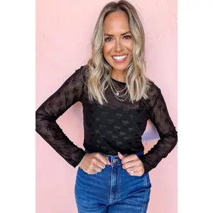 Sheer Mesh Bow Print Long Sleeve Top