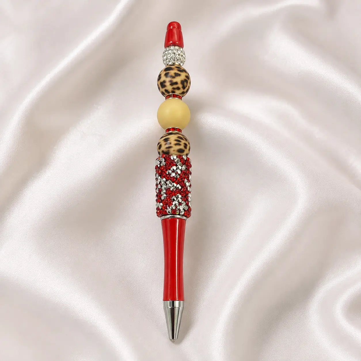 Elegant Red Pen with Leopard Print Beads and Rhinestones for Stylish Writing
