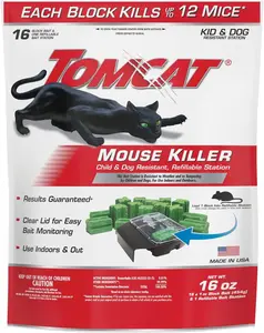 Tomcat Mouse Killer Child and Dog Resistant, Refillable Station for Indoor and Outdoor, 1 Station and 16 Poison Block Refills