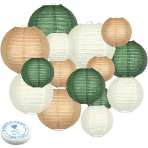 15 Pcs Dark Green Brown Hanging Paper Lanterns 4-12 Inch with Clear Fishing Line for Forest Woodland Baby Shower Jungle Safari Birthday Party Rustic Wedding Decorations