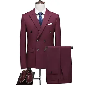 New men's plus-size two-piece double-breasted solid-color suit for men, in burgundy Menswear Formal Workwear Long Sleeve Beige Plain