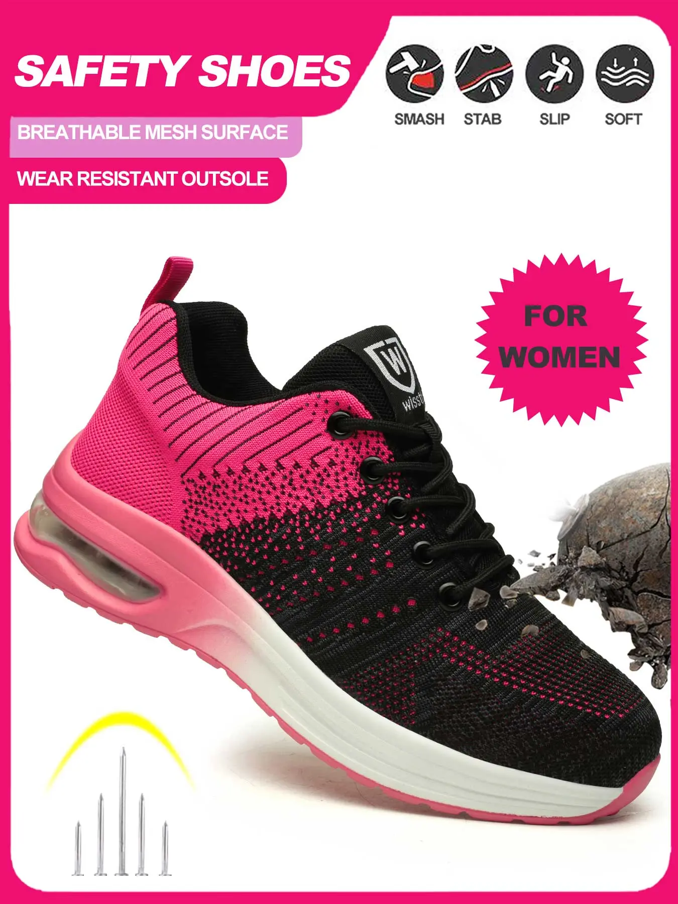 Women's steel-toe sports non-slip  air cushion work Safety shoes, made of breathable mesh material, lace-up style, featuring anti-smashing, anti-piercing, Lightweight shock-absorbing and wear-resistant properties. Closed Girl nurse shoes Footwear Cover