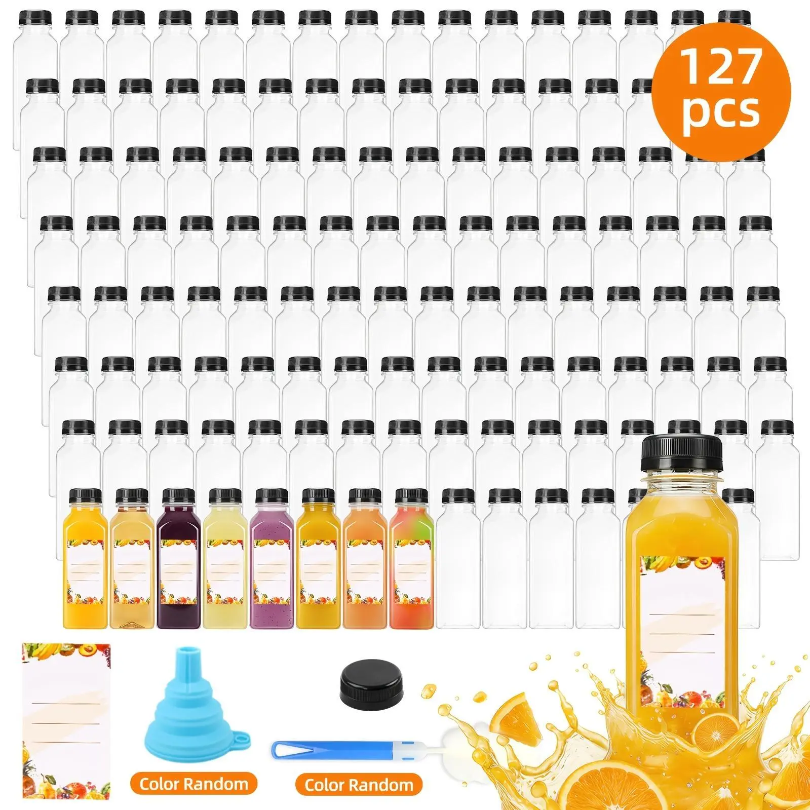 of 127/140/141/199 Empty Plastic Bottles, Party Cups, with Tamper-Proof Black Caps, 1 Rubber Funnel, 1 Sponge Brush, 12Oz/16Oz Empty Plastic Juice Bottles with Caps, Bulk Clear Beverage Containers for Juicing, Drinking, Other Beverages