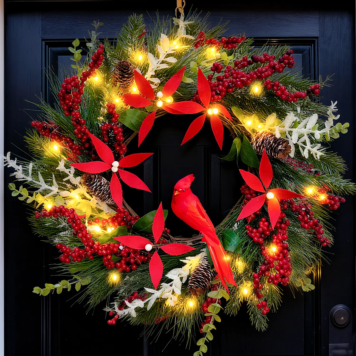 Christmas Wreath for Front Door with Lights, 24 Inch Outdoor Prelit Christmas Wreaths with Red Bird Pinecones, Battery Operated Xmas Wreath for Party Holiday Home Wall Window Decor
