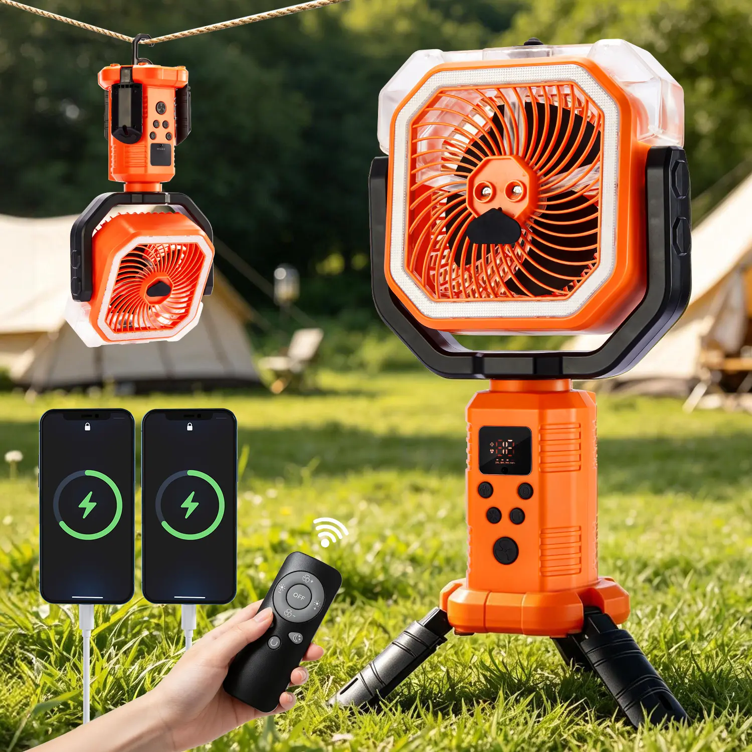 Qawtor 2026 F30P Multifunction Camping Fan with mist, Foldable Tripod Fan, Rechargeable Portable Fan for Tent, Fishing, BBQ, Hurricane & Outdoor Use.