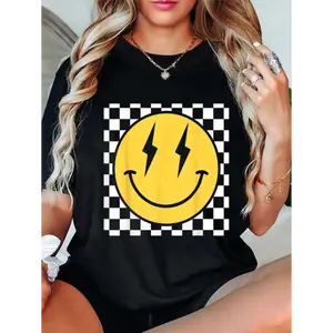 100% Cotton Retro Happy Face Distressed Checkered Pattern Smile Face T-Shirt