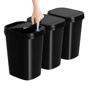 3 Pack Bathroom Small Trash Can with Lid, 2.6 Gallon Slim Garbage Bin with Pop-Up Lid, 10L Plastic Wastebasket with Press Top Lid for Bedroom, Office, Kitchen, Toilet (Black)