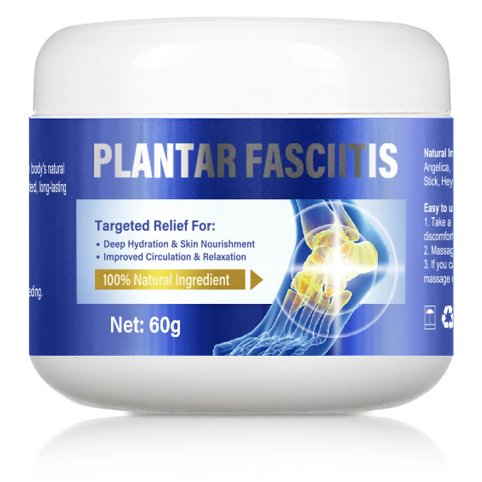 Fast-Acting Plantar Fasciitis Pain Relief Cream, Treatment Solution with Angelica & Wormwood for Heel Spurs, Arch Strain, Joint & Muscle Pain - 60g, Wellness, Therapy, Cooling, Herbal Blend, Prop 65 Safe, Joint Pain