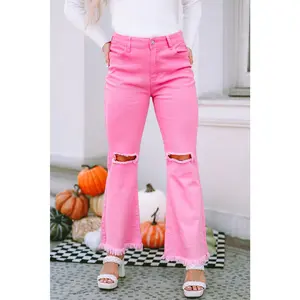 Pink Vintage High Waist Flare Leg Ripped Raw Hem Jeans