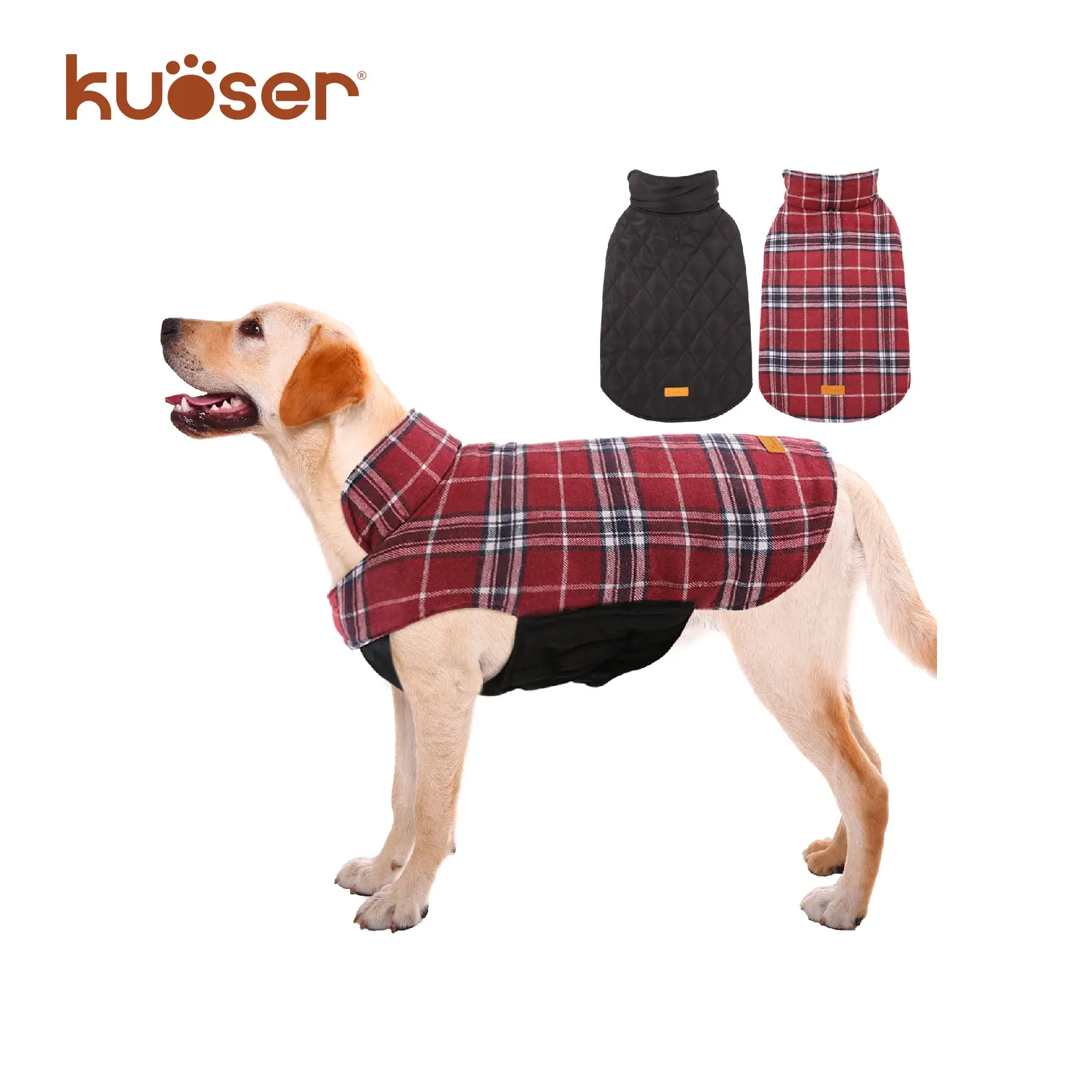 Kuoser Warm Dog Coat, Reversible Dog Jacket Waterproof Dog Winter Coat British Style Plaid Dog Clothes Pet Dog Cold Weather Coats Cozy Snow Jacket Ves