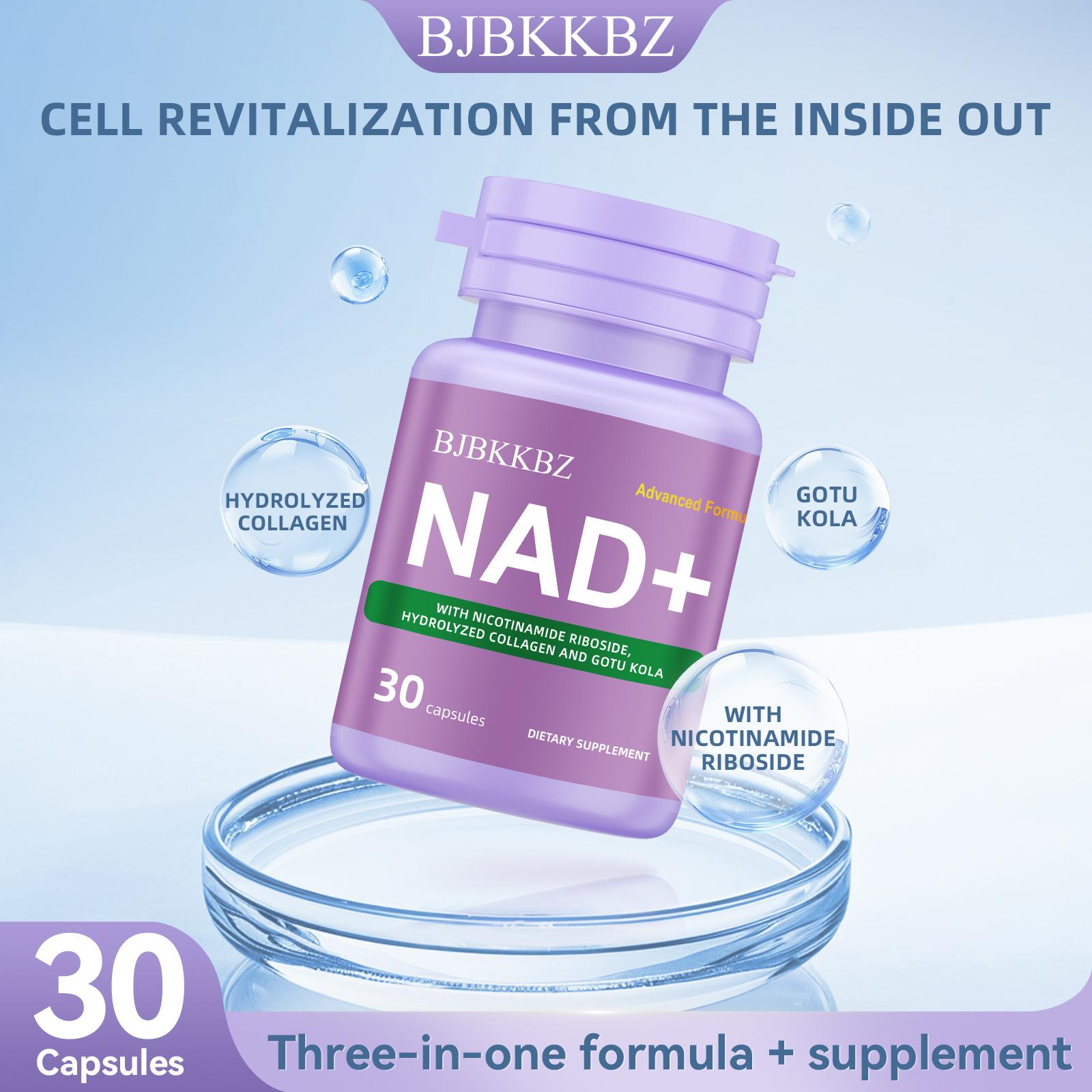 BJBKKBZ NAD+ Supplement with Nicotinamide Riboside, Hydrolyzed Collagen & Gotu Kola, Three-in-One Formula for Cell Revitalization, 30 Capsules