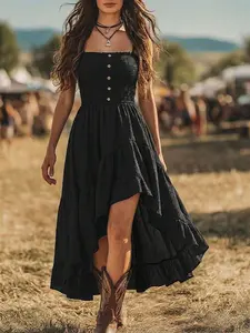 Balvessa Bohemian Style Casual Vacation Front Short Back Long Cinched Waist Women's Mid-Length Dress