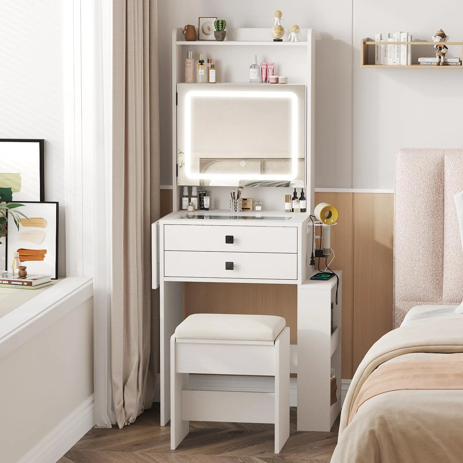 [Summergarden] Vabches Aesthetic Small Makeup Vanity Desk Furniture - 3 Adjustable Lighted Mirror, Fold-up Panel, Charging Station, Glass Top, Drawers, Chair, 2 Hidden Storage Shelves for Interior Organizing & Design