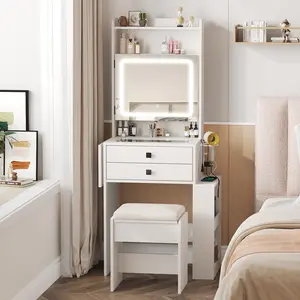 Vabches Small Makeup Vanity Desk with 3 Adjustable Lighted Mirror, Vanity Set with Fold-up Panel and Charging Station, Glass Top Dressing Table with Drawers and Chair, 2 Hidden Storage Shelves