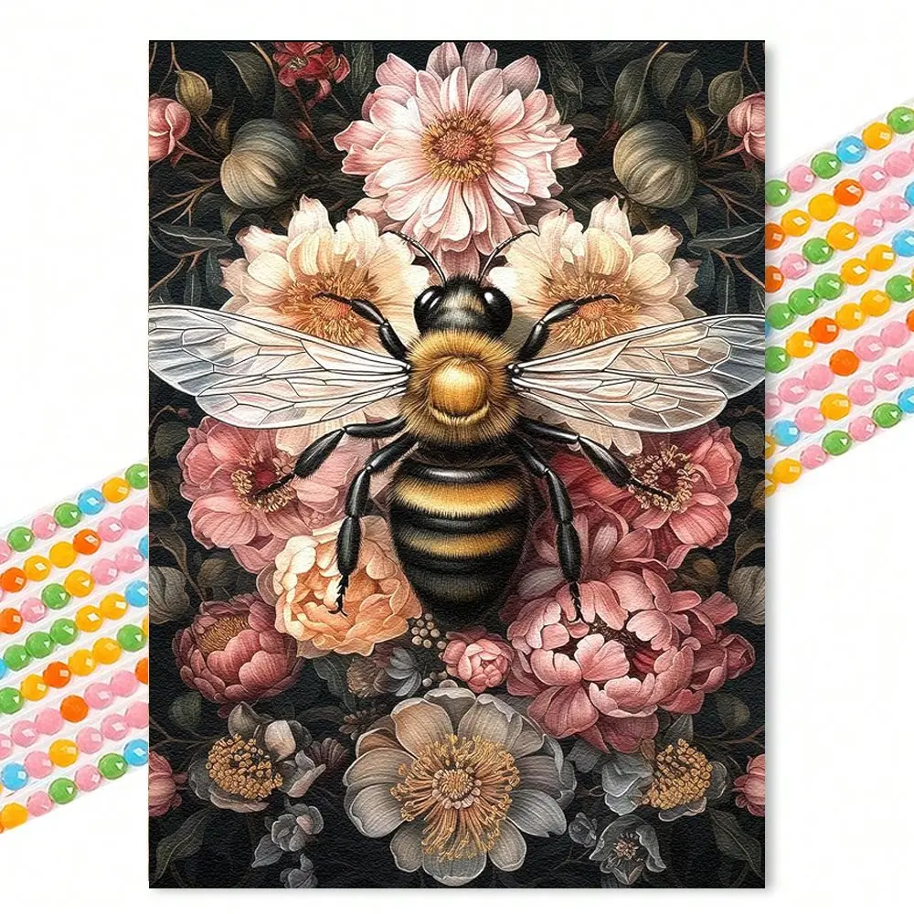 Bee Floral Diamond Painting Art, Vintage Style, Round Diamonds 30cmx40cm, DIY Stress Relief, Living Room Bedroom Study Decor