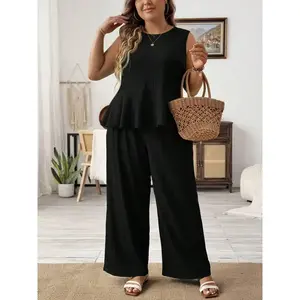 Plus Size Solid Color Vest and Pants Set, Sleeveless Top and Pants, Summer Women’s Two-Piece Set GARMENTARY