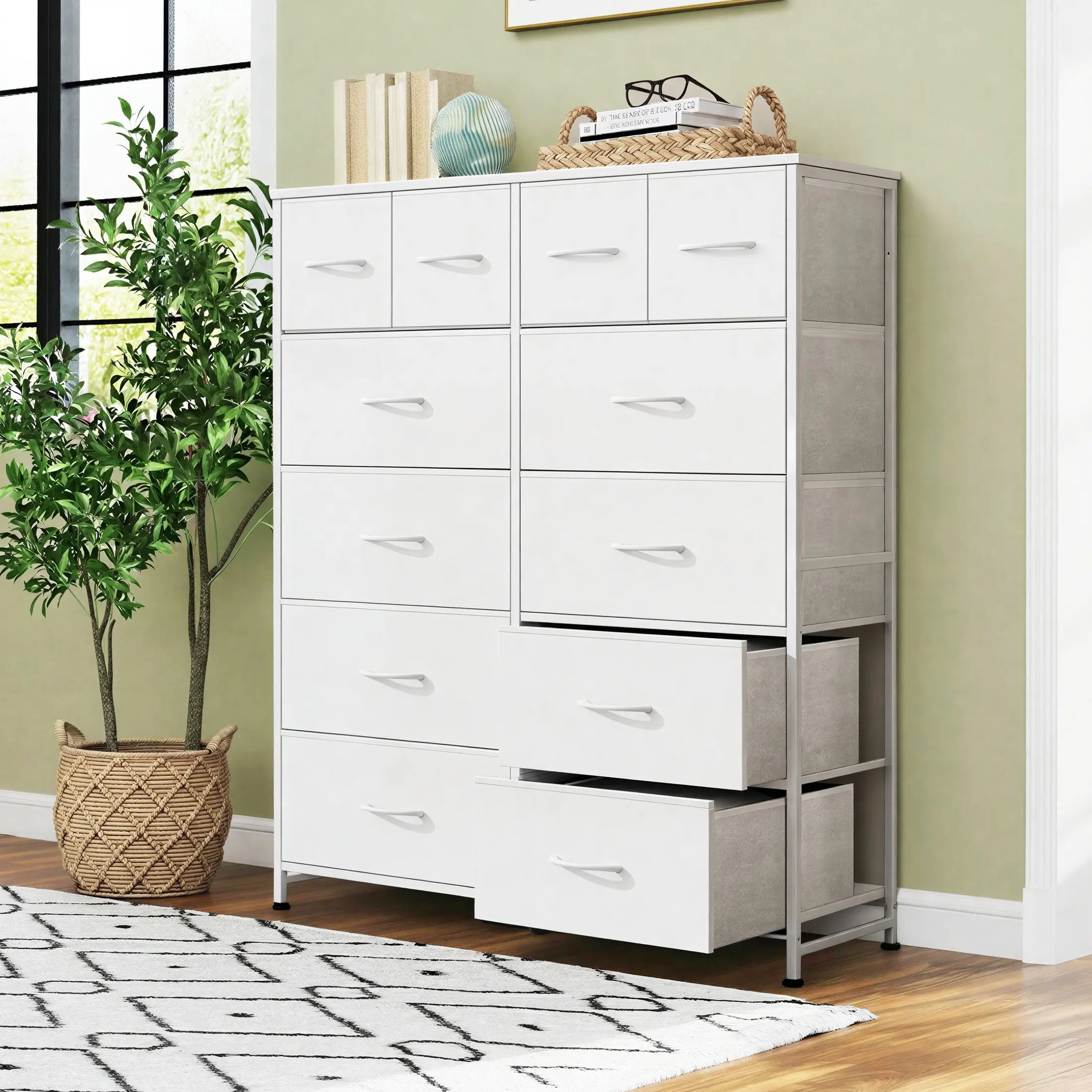 Sweetcrispy Tall Dresser with 12 Detachable Bins, Steel Frame, Display Space Wood Top, EPA/SGS Tested Furniture for Bedroom Storage Organizer, Epa/SGS Tested for Safer Home Storage Sweetcrispy Tall Dresser with 12 Detachable Bins, Steel Frame, Display Space Wood Top, EPA/SGS Tested Furniture for Bedroom Storage Organizer, Epa/SGS Tested for Safer Home Storage