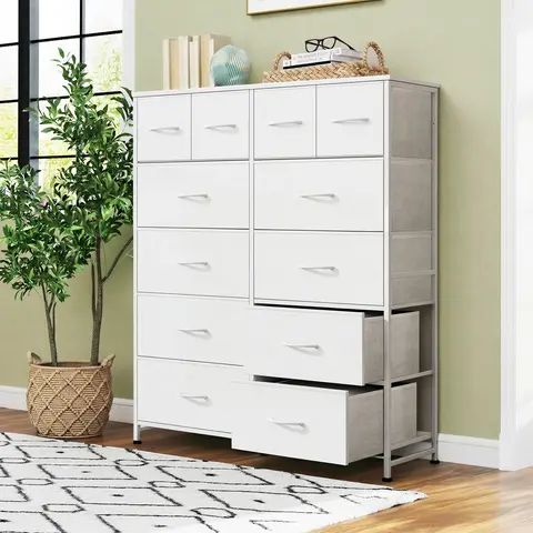 Sweetcrispy Bedroom Dresser with 12 Detachable Bins, Steel Frame, Wood Display Top, EPA/SGS Tested - Modern Home Furniture for Apartment, Drawers and Cabinets Storage Organization for Dorm Bedroom