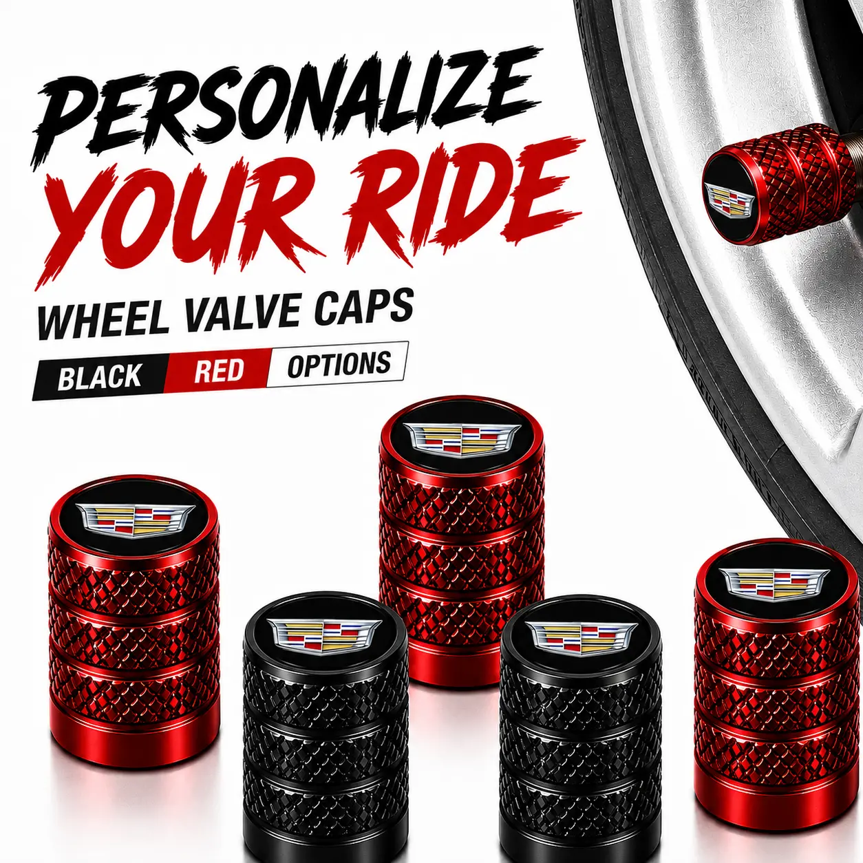 5-Pack Cadillac Logo American Luxury Knurled Aluminium Metal Valve Caps, Rubber O-Ring Leakproof Anti-Corrosion Dustproof, TPMS-Safe for XT4 XT5 XT6 CT4 CT5 CT6 Escalade, Universal Schrader Valve Auto Wheel Decor Parts