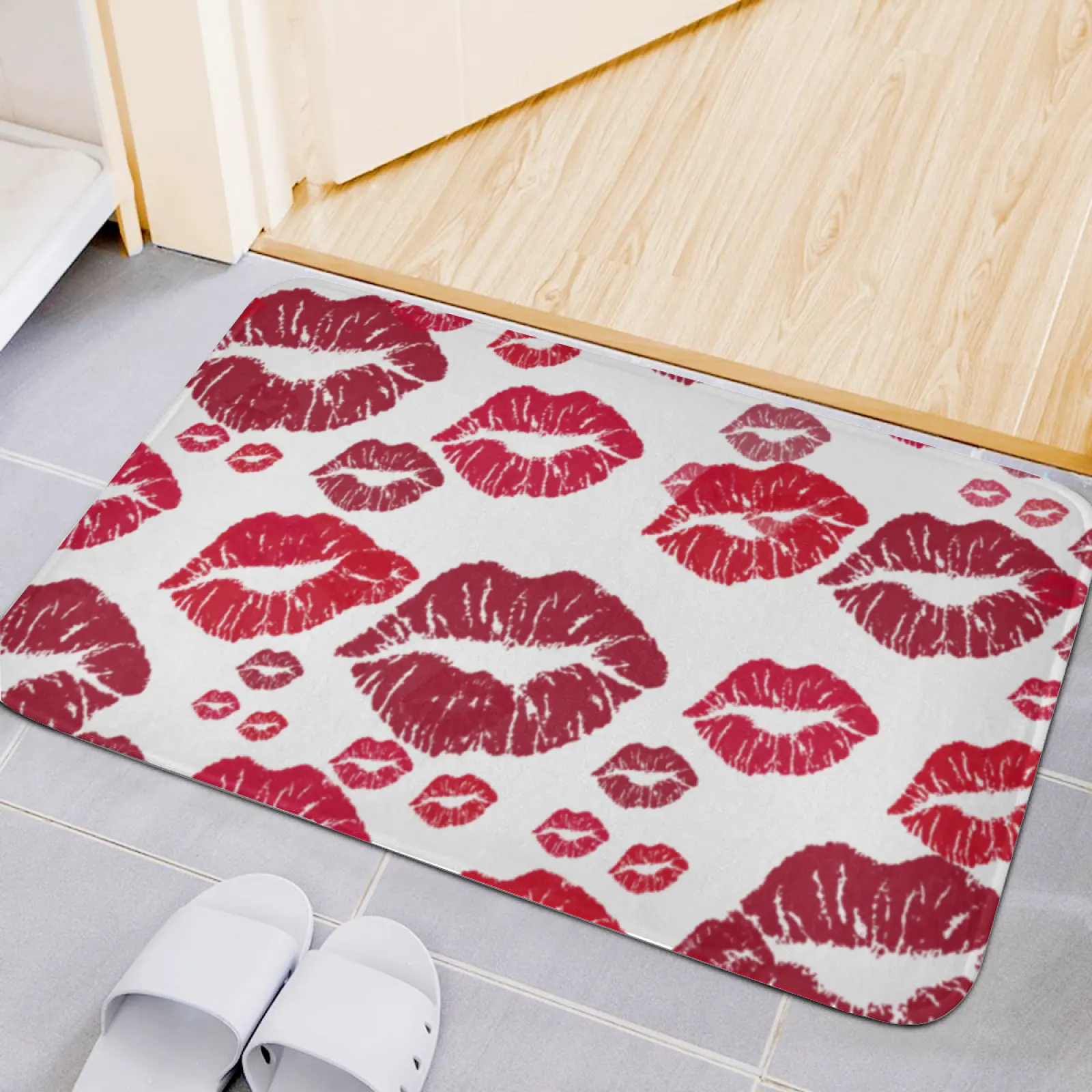 Red Lips Flannel Bath Mat 16×24in, Cute Kissing Lips Pattern Rug, Soft Microfiber Floor Mat, Non Slip Bathroom Kitchen Door Mat, Aesthetic Home Decor Mat