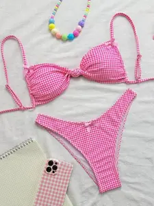 Women's Two-Piece Plaid Print Bikini Swimsuit Set, Fashionable & Sexy Design, Slimming Fit, Perfect for Spa & Swimming Pool Use