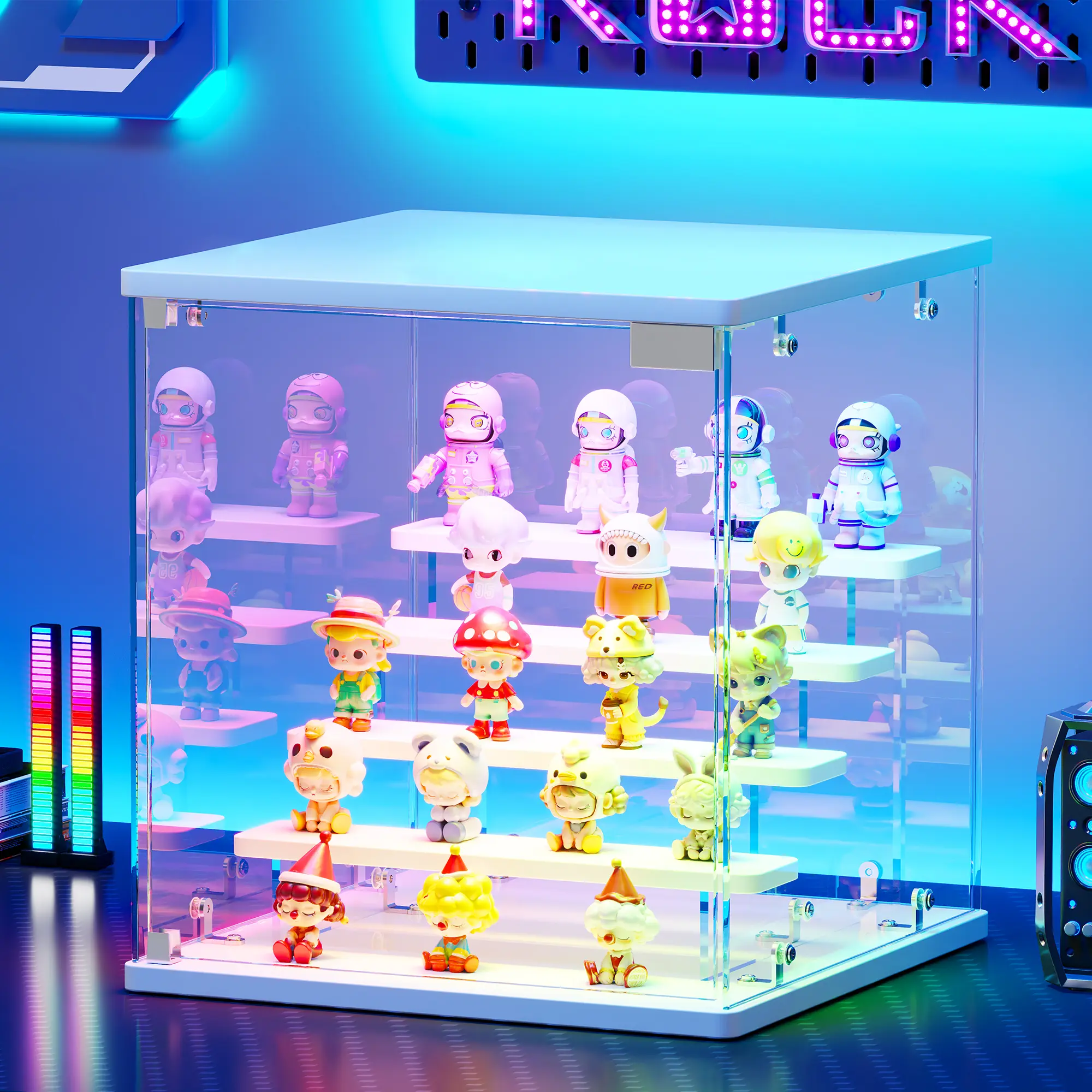 Lvifur Glass Display Case with RGB Lights - for Collectibles, 5-Tier Adjustable Display Box with Music Rhythm, Dustproof Clear Small Showcase for Mini Figures, Car Models, Cards, Miniatures