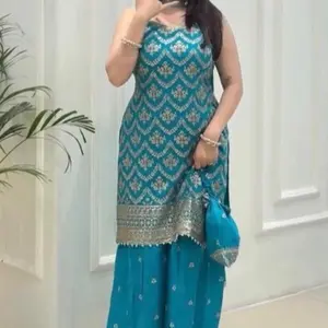 Sleevless Party Wear set  Perfect for Any Occasions Sleeveless Black with Gold Embroidery and Matching Dupatta size chart bust M(38),L(40),xl(42),xxl(44)