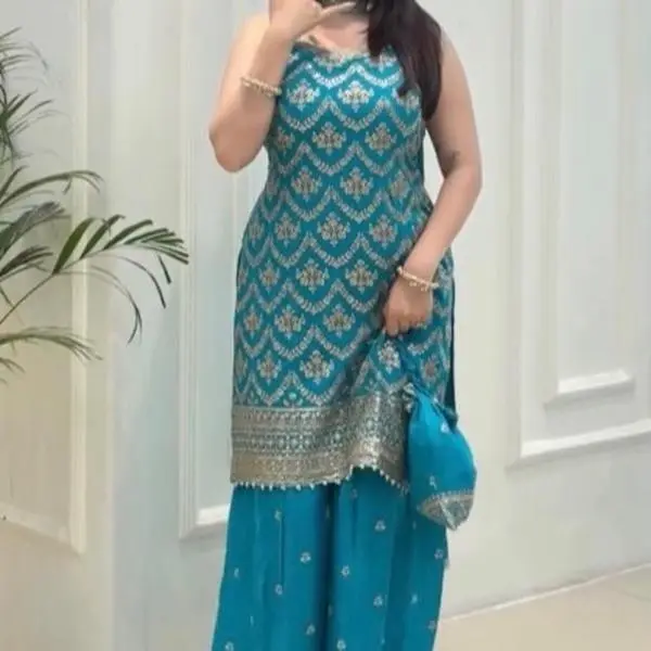 Sleevless Party Wear set  Perfect for Any Occasions Sleeveless Black with Gold Embroidery and Matching Dupatta size chart bust M(38),L(40),xl(42),xxl(44)