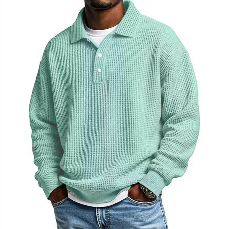 Men’s Pure Cotton Waffle Knit Collared Long-Sleeve Polo Shirt - Autumn/Winter, 3-Button Vintage Stand Collar, Relaxed Drop-Shoulder, Suitable for Commuting, Casual Wear