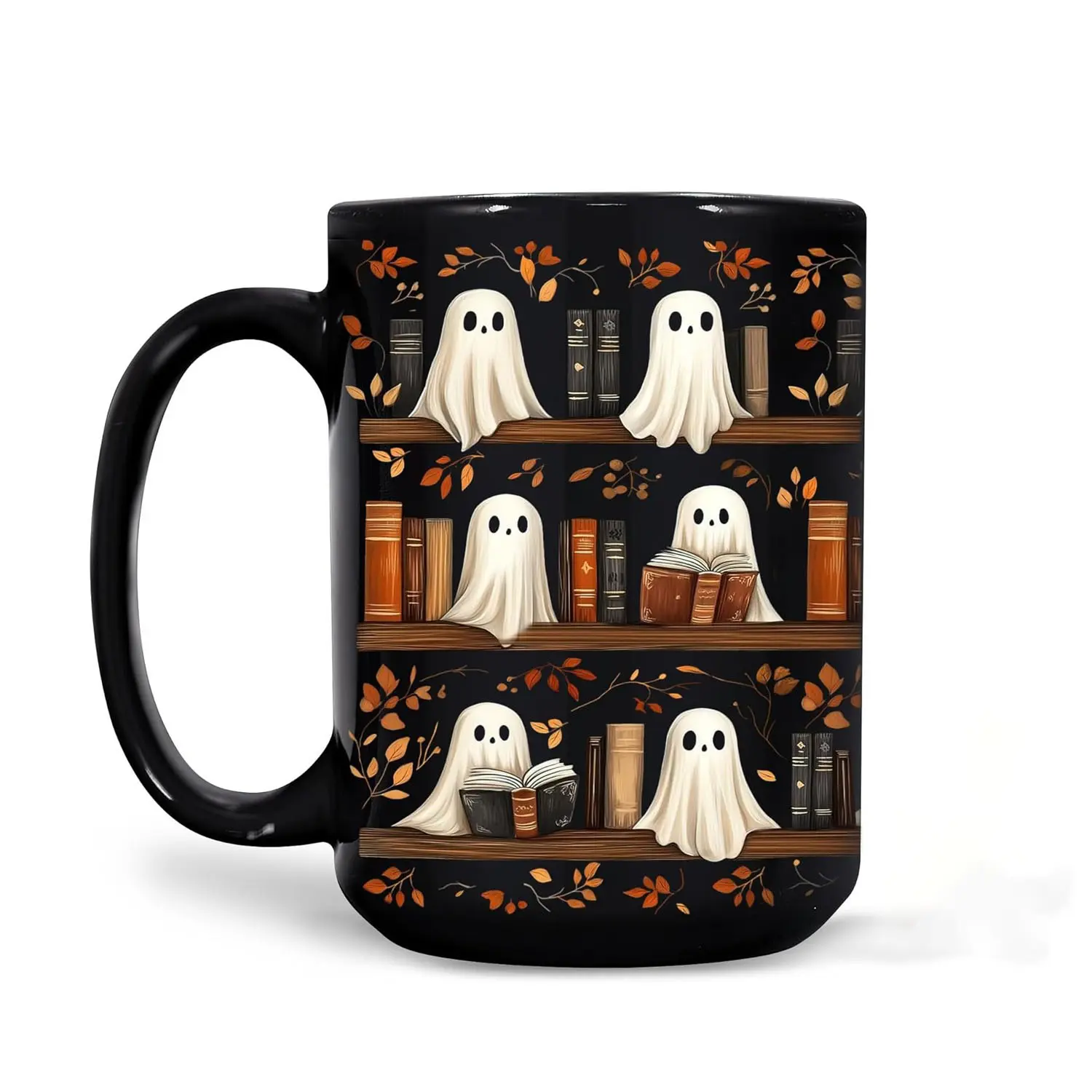 Cute Ghost Bookshelf Halloween Mug, Spooky Reading Ghost Coffee Cup, Book Lover Fall Mug, Cozy Halloween Gift for Readers