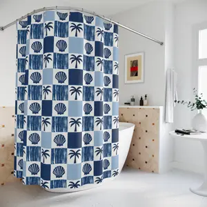 Coastal Shower Curtain | Blue Seashell Palm Print | Beach Bathroom Decor | Nautical Bath Curtain | Coastal Bathroom Set
