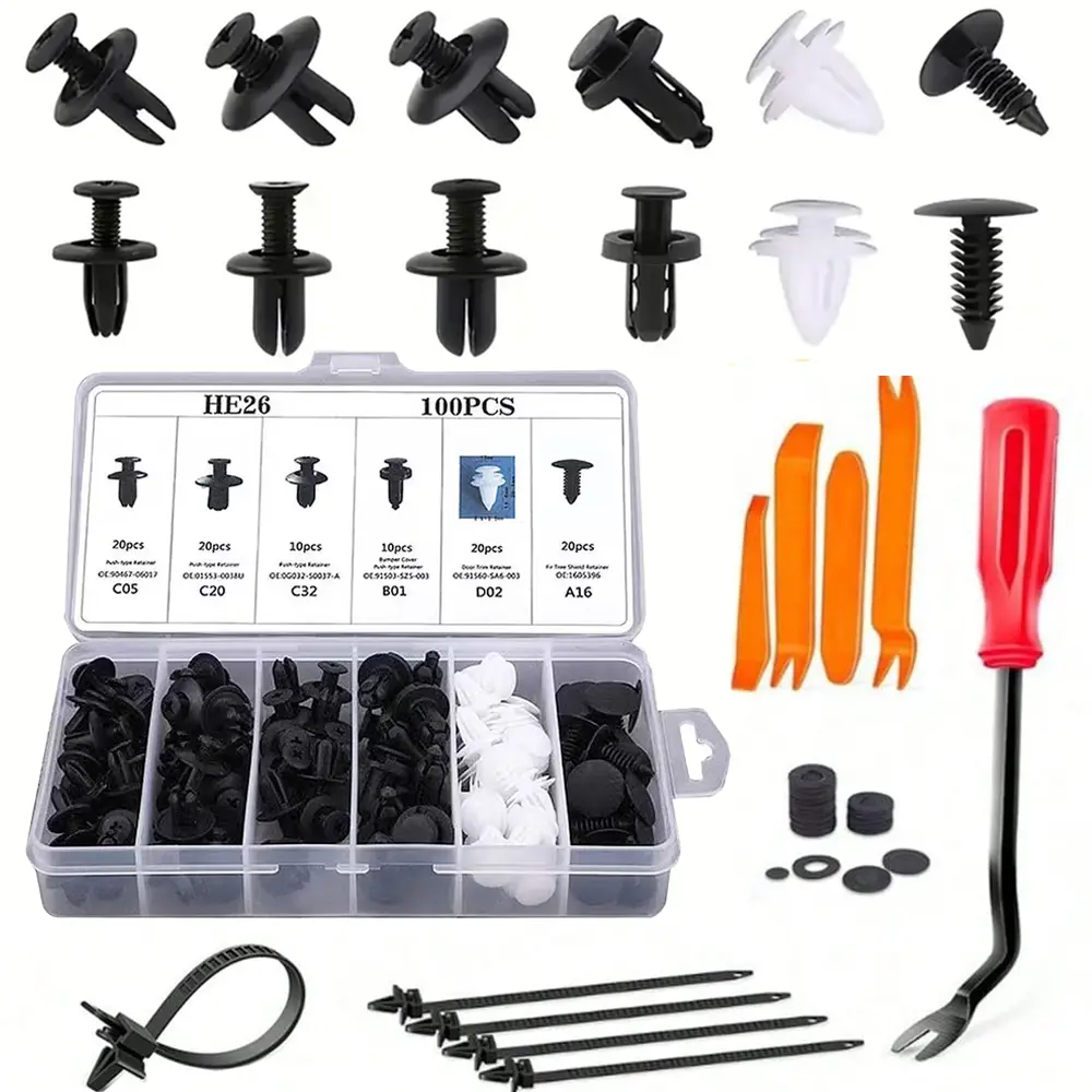 130pcs Hybrid Car Fastener Clip Kit Pack, Body Repair Push Fixers & Hybrid Clips Set with Plastic Buckles, Disassembly Tools & Zip Ties for Cars’ Bumper, Door Trim & Safety Rod Fastening