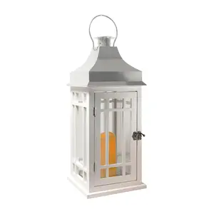 LumaBase White Wood & Chrome Lantern with Flameless Candle