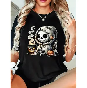Plus Size, Women's Plus Size Halloween Graphic T-Shirt - Black Casual Party Outfit Top - Breathable Round Neck Tee for Everyday & Costume Events - Non-Sweat Fabric, Halloween Clothes, Whimsical Skeleton Design, Durable Summer Wear