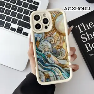 Softcase for iPhone 17 16 E Pro Max 15 Plus 14 13 12 11 XS XR Stained Glass Sun and Waves Coquette Pastel Design Shockproof Lightweight Protective Case