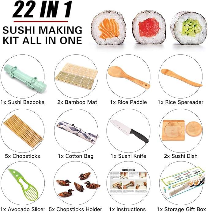 Sushi Making Kit, 22 in 1 Sushi Roller Sushi Maker Kit with Bamboo Sushi Rolling Mats, Bazooka, Chef's Knife, Chopsticks, Sauce Dishes, Rice Slicer