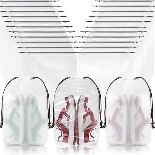 Clear Travel Shoe Bags 60-Pack (15.7x11.8 Inches) – Waterproof Drawstring Shoe Organizers for Packing, Essential Travel Gear for Men & Women