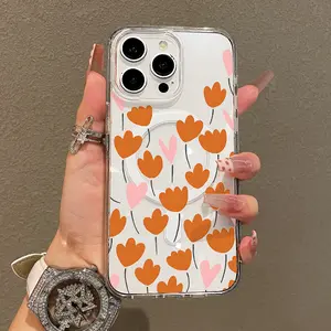 Soft Girl Magnetic Case for iPhone11/12/13/14/15/16/17/promax,  Orange Bloom Doodle Lightweight, Drop-Proof, MagSafe Compatible | Perfect for Teen Girls