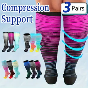 [Breathable Compression Socks] 3 Pairs Plus Size Compression Socks - Knee-High Breathable Nylon Blend Athletic Support Stockings for Men & Women, Ideal for Running & Cycling, Fitness Compression Gear