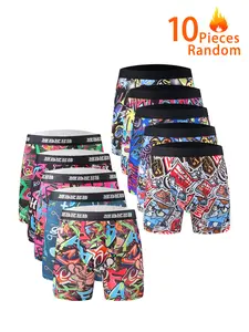 10-Pack Men's Long Boxer Briefs Underwear, Graffiti Print Trendy Mid-Waist Trunks, Random Patterns, Comfortable Skin-Friendly Stretch Shorts, Boxing Shorts