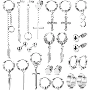 FINREZIO 24Pcs Stainless Steel Dangle Earrings for Men Hinged Hoop Earrings Long Chain Stud Cross Dangle Earrings Set Kpop Earrings Silver Tone