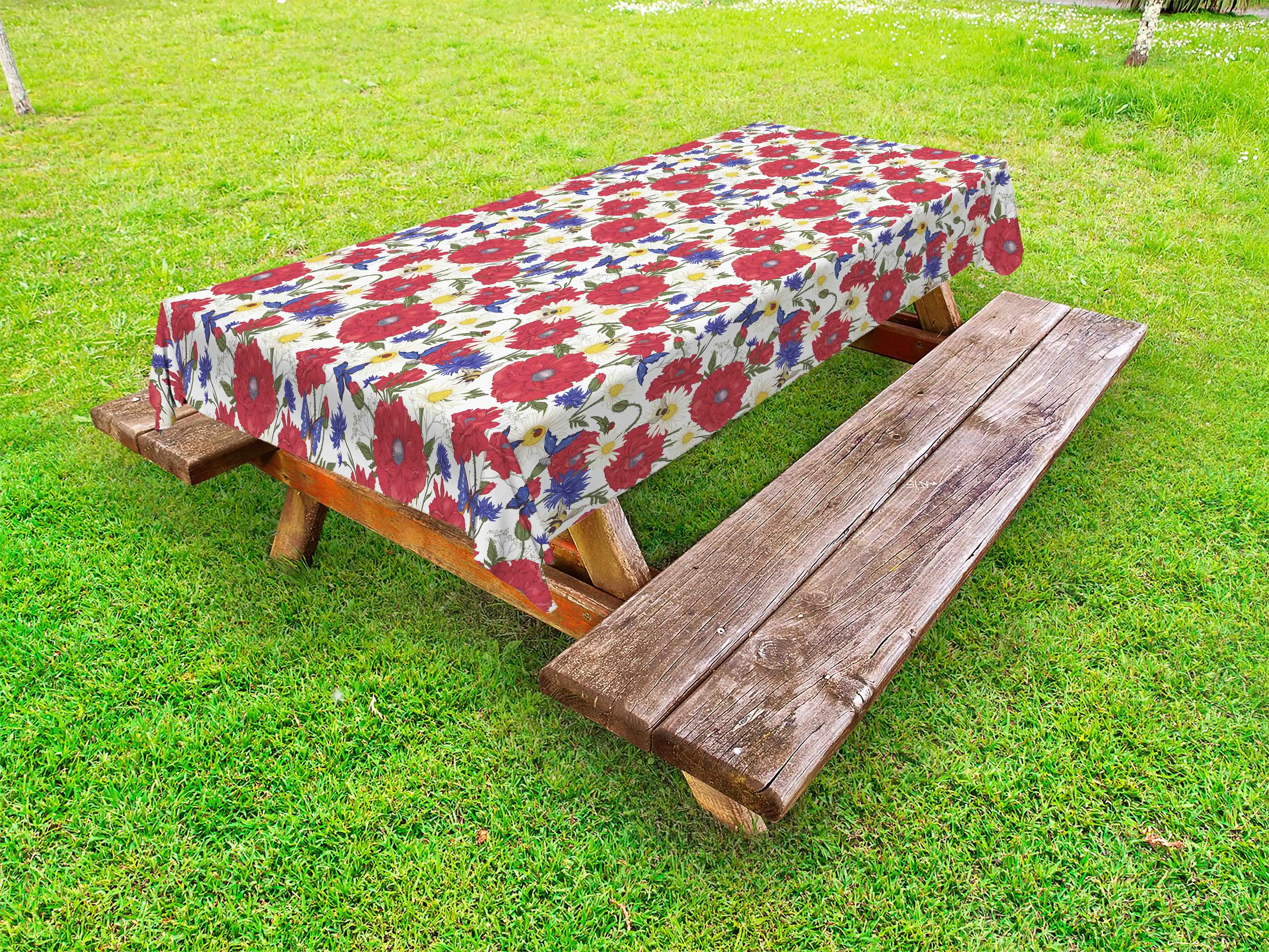 Floral Outdoor Tablecloth, Blooming Red Poppies Chamomile Ladybird and Daisies Bumblebee Bees and Butterflies, Decorative Washable Picnic Table Cloth, 58" X 84", Multicolor